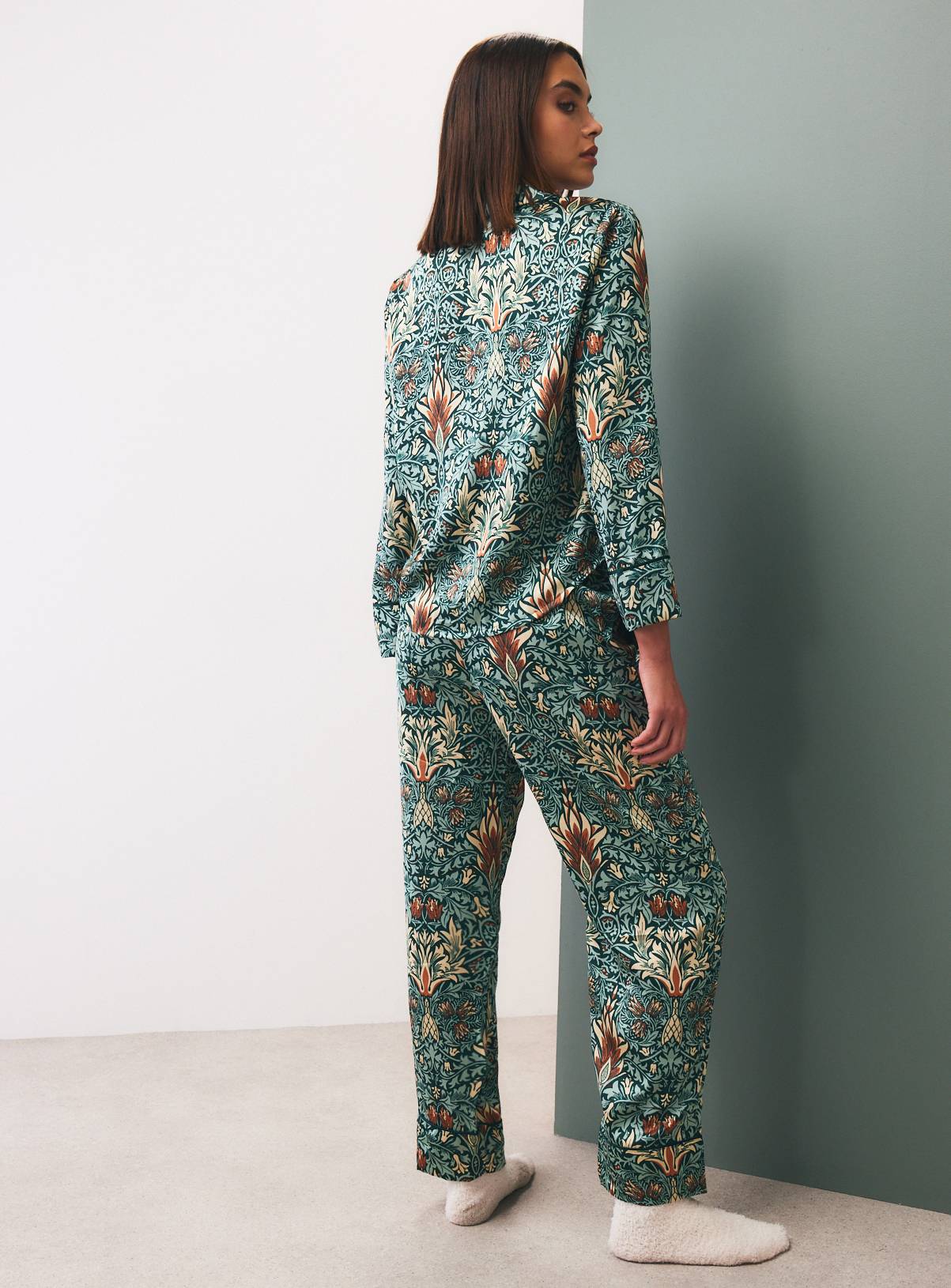Tu x Morris & Co. Blue Snakeshead Satin Traditional Pyjama Set L - Image 4